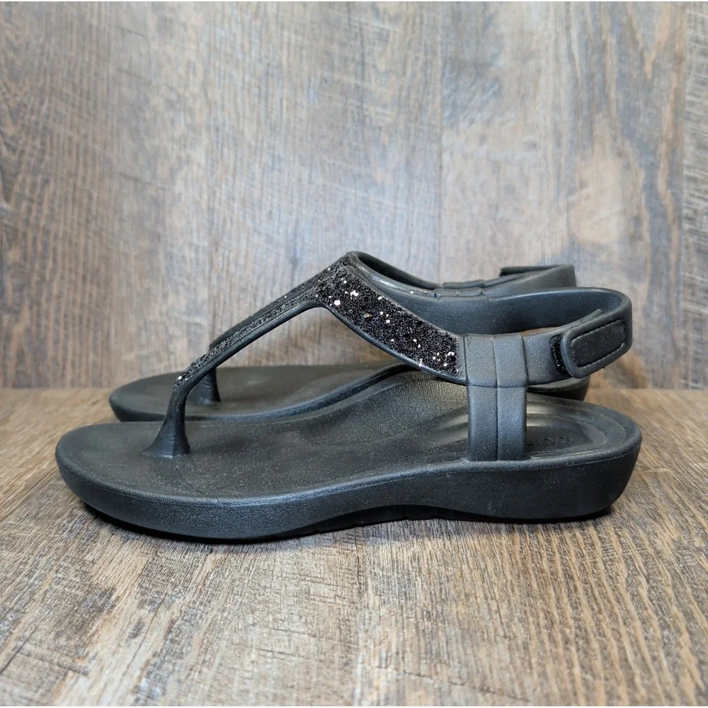 Aetrex Skyler Thong Sandals Black Embellished Womens Size 6 Slingback Comfort